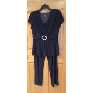 R & M Richards Pants Suit Navy Blue Short Sleeve Rusche'd Embellished Womens 12P